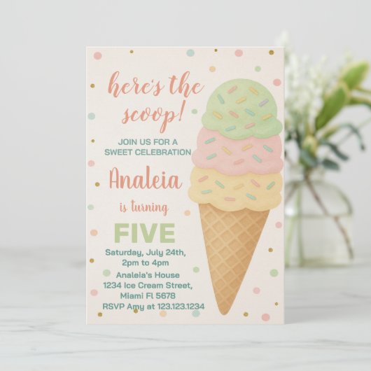 Editable Ice Cream Birthday Einladung (Stehend Vorderseite)