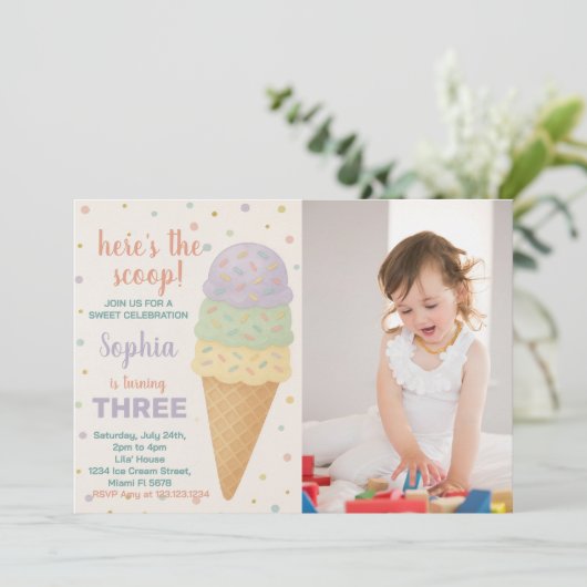 Editable Ice Cream Birthday Einladung (Stehend Vorderseite)