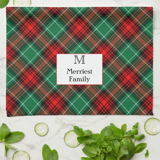 Editable Initial andl Name Green Red Holiday Plaid Geschirrtuch (Gefaltet)