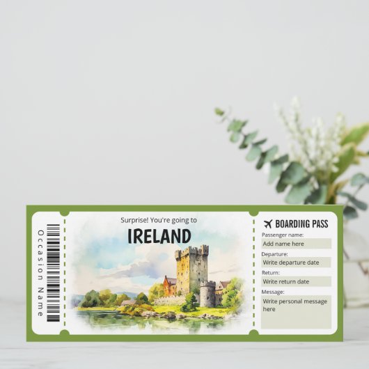Editable Ireland Flugzeug Boarding Pass Ticket Einladung (Stehend Vorderseite)