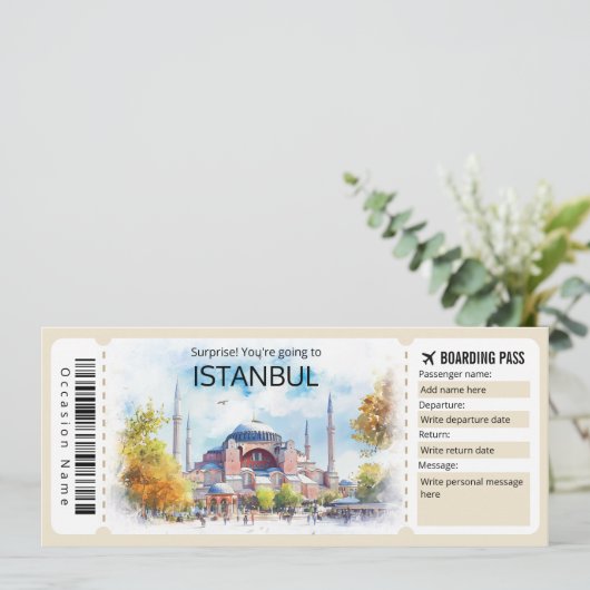 Editable Istanbul Flugzeug Ticket, Türkei Trip Einladung (Stehend Vorderseite)