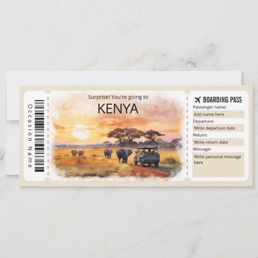 Editable Kenya Flugzeug Ticket, Kenya Trip Einladung (Vorderseite)