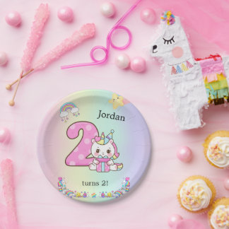 Editable Kids Birthday Party Plate Cute Unicorn Pappteller