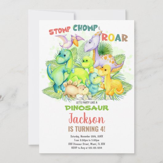 Editable Kids Party Card mit T-Rex & Jungle Theme Einladung (Vorderseite)