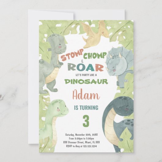 Editable Kids Party Card mit T-Rex & Jungle Theme Einladung (Vorderseite)