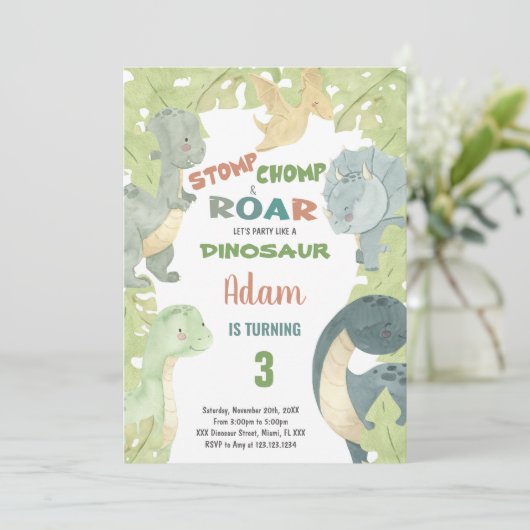 Editable Kids Party Card mit T-Rex & Jungle Theme Einladung (Stehend Vorderseite)