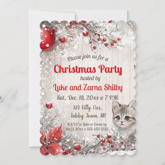 Editable Kitten and Berries Christmas Party Einladung (Vorderseite)