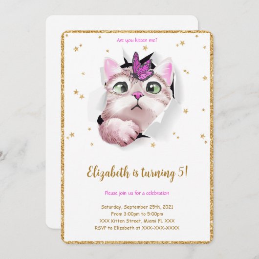 Editable Kitten Birthday Einladung (Vorne/Hinten)