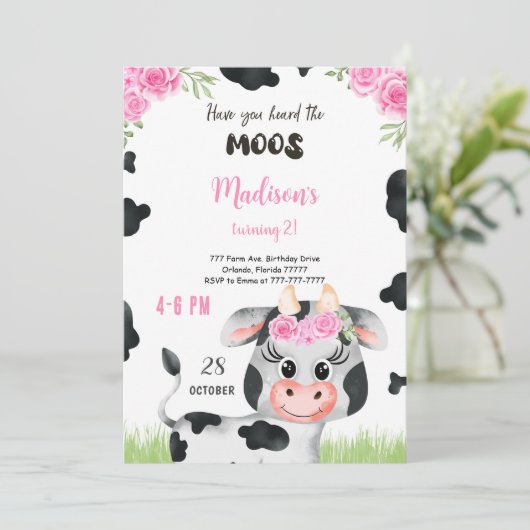 Editable Kuh Birthday Einladung (Stehend Vorderseite)