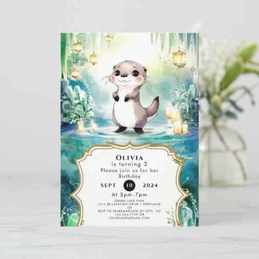 Editable Lake Otter Birthday Einladung (Stehend Vorderseite)