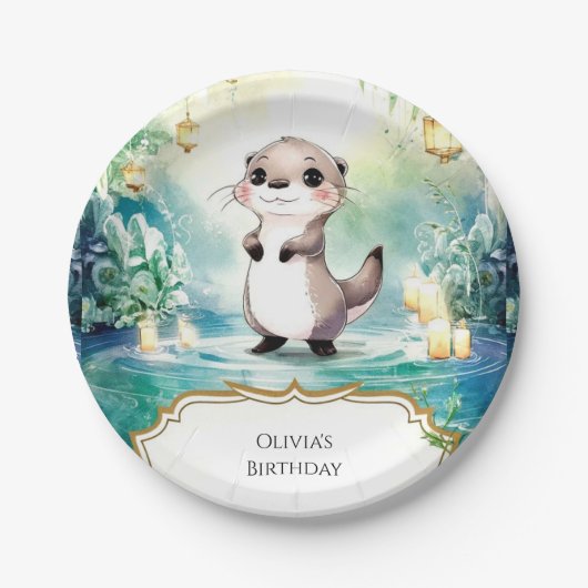 Editable Lake Otter Birthday Pappteller (Vorderseite)
