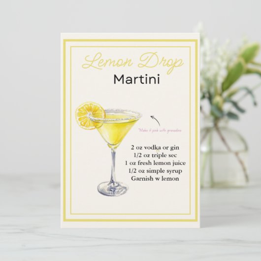 Editable Lemon Drop Martini Rezept Card Menükarte (Stehend Vorderseite)