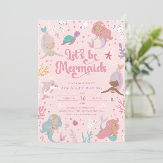 Editable Let's Be Mermaids Birthday Einladung (Stehend Vorderseite)