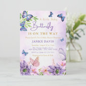 Editable Lila Butterfly Girl Babydusche Einladung (Stehend Vorderseite)