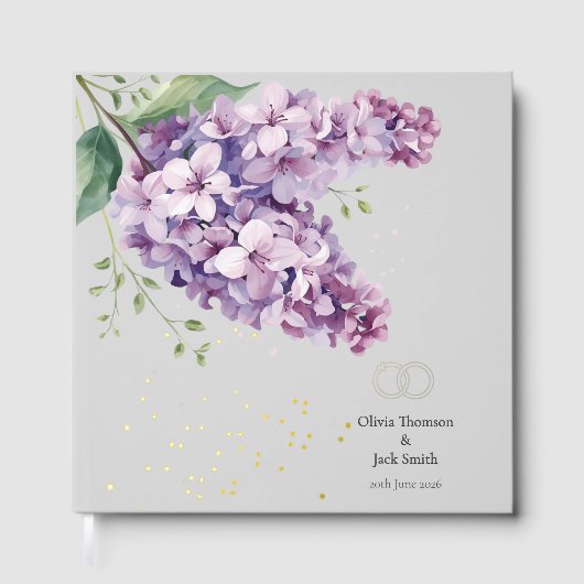 Editable Lilac Floral and Gold Wedding Guestbook Gästebuch (Vorderseite)
