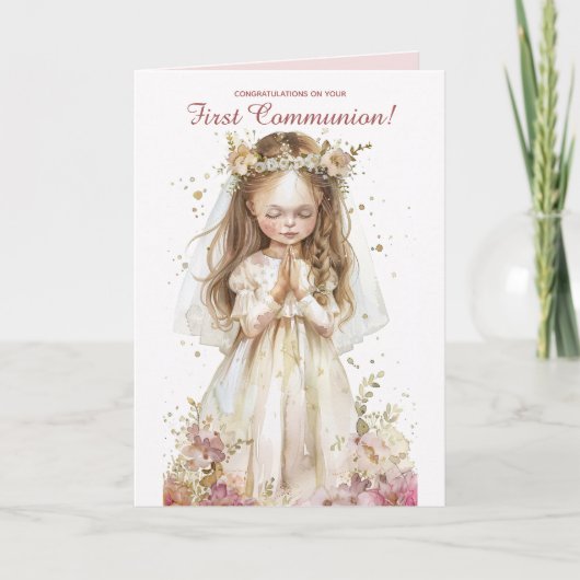 Editable Little Girl Praying Erste Kommune Karte (Vorderseite)