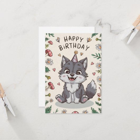 Editable Little Wolf Digital Geburtstag Karte (Vorderseite/Rückseite Beispiel)