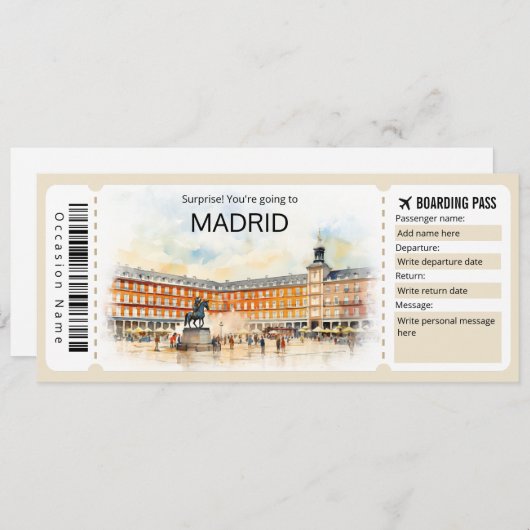Editable Madrid Boarding Pass Spanien Flugzeug Tic Einladung (Vorne/Hinten)