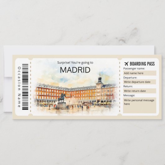 Editable Madrid Boarding Pass Spanien Flugzeug Tic Einladung (Vorderseite)
