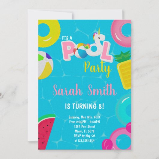 Editable Magical Summer Swim Party laden Einladung (Vorderseite)