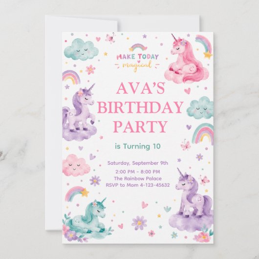 Editable Magical Unicorn Birthday Card Einladung (Vorderseite)