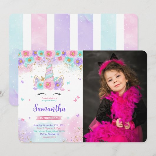 Editable Magical Unicorn Foto Einladung (Vorne/Hinten)