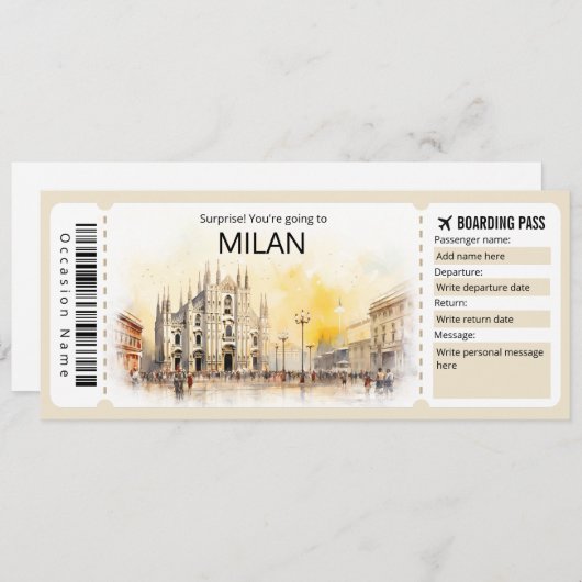 Editable Mailand Boarding Pass Italia Flugzeug Tic Einladung (Vorne/Hinten)