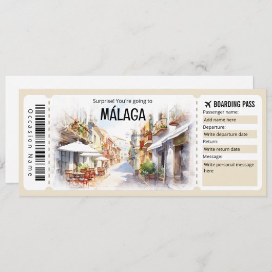 Editable Malaga Boarding Pass Flugzeug Ticket Einladung (Vorne/Hinten)