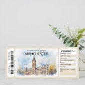 Editable Manchester Flugzeug Ticket, England Trip Einladung (Stehend Vorderseite)