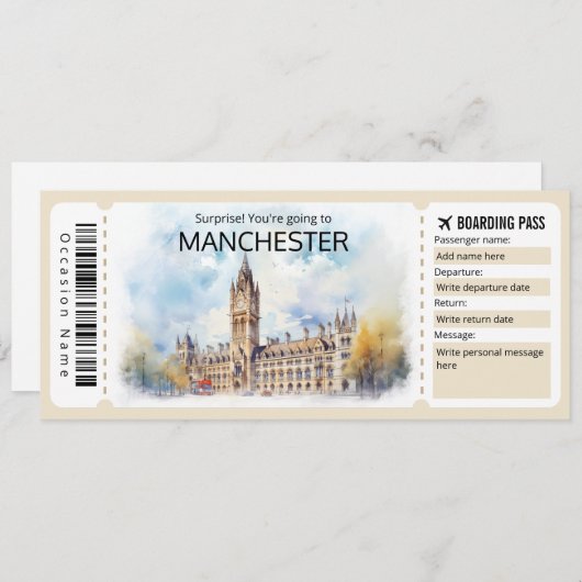 Editable Manchester Flugzeug Ticket, England Trip Einladung (Vorne/Hinten)