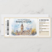 Editable Manchester Flugzeug Ticket, England Trip Einladung (Vorderseite)