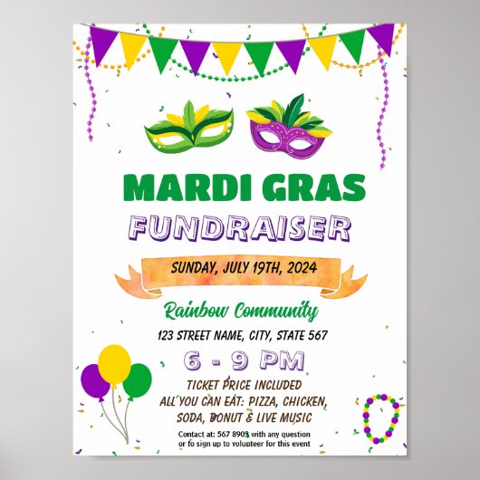 Editable Mardi Gras Fundraiser Flyer Poster (Vorne)