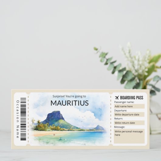 Editable Mauritius Boarding Pass Flugzeug Ticket Einladung (Stehend Vorderseite)