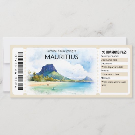Editable Mauritius Boarding Pass Flugzeug Ticket Einladung (Vorderseite)