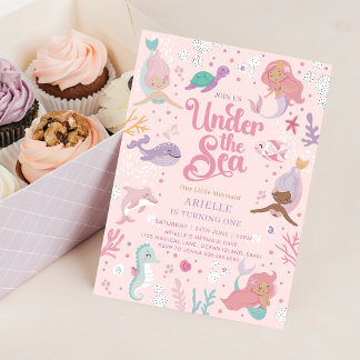 Editable Mermaid 1. Geburtstag Einladung