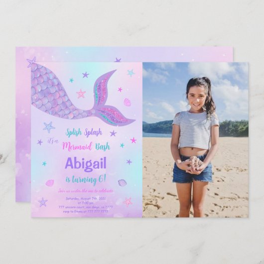Editable Mermaid Birthday Foto Einladung (Vorne/Hinten)