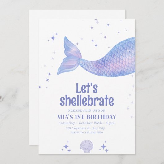 Editable Mermaid Birthday, Meerjungfrau Einladung (Vorne/Hinten)