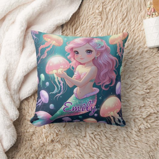 Editable Mermaid & Jellyfish Square Kissen (Decke)