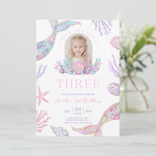Editable Mermaid Tail 3rd Birthday Invite Glitter  Einladung (Stehend Vorderseite)