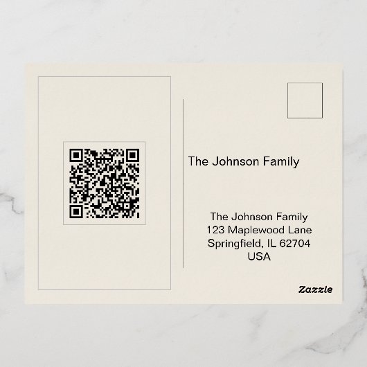 Editable Minimal QR Code Postcard with Gold Text Folie Einladungspostkarte (Rückseite)