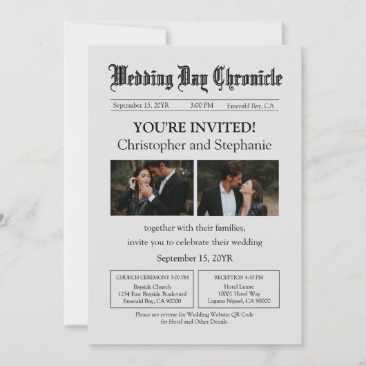 Editable Minimalistisch Newspaper Two Fotos QR Cod Einladung (Vorderseite)