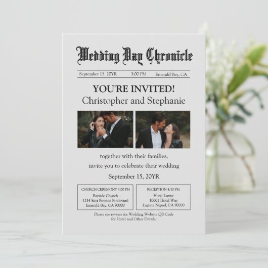 Editable Minimalistisch Newspaper Two Fotos QR Cod Einladung (Stehend Vorderseite)
