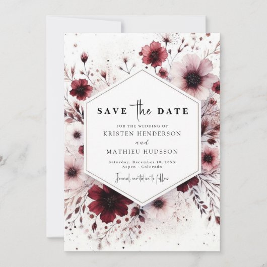 Editable Minimalistische Burgundy Wedding Save The Date (Vorderseite)