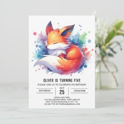 Editable Modern Fox Birthday Einladung (Stehend Vorderseite)