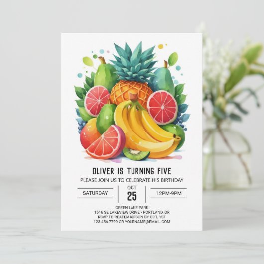 Editable moderne Apfelfrüchte zum Geburtstag Einladung (Stehend Vorderseite)