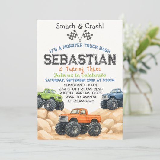 Editable Monster Truck Birthday Einladung Templat (Stehend Vorderseite)