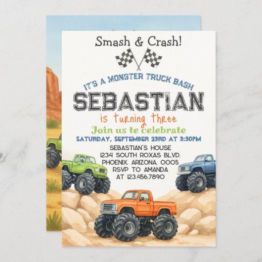 Editable Monster Truck Birthday Einladung Templat (Vorne/Hinten)