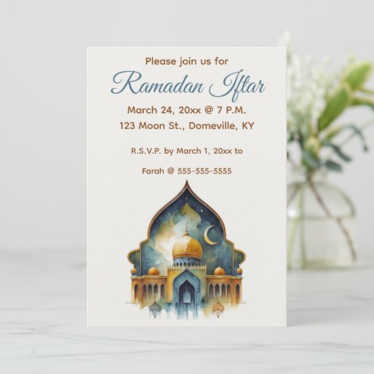 Editable Moschee und Moon Ramadan Iftar Einladung (Stehend Vorderseite)