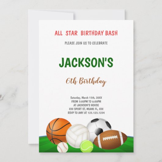 Editable Multi-Sport-Party Einladung für Jungen (Vorderseite)