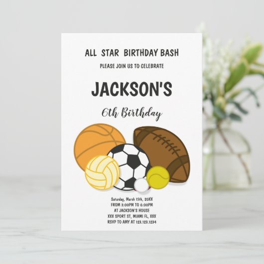 Editable Multi-Sport-Party Einladung für Jungen (Stehend Vorderseite)